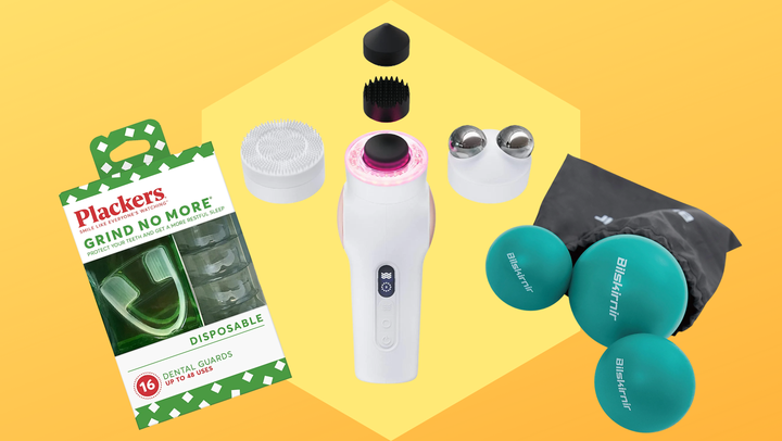 A Plackers disposable night guard, TheraFace device and lacrosse massage balls.