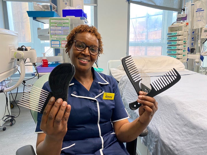 Intensive care Sister Ginny Wanjiro with the Black hair combs her team now uses