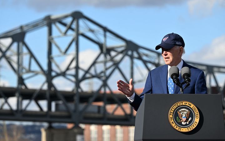 President Joe Biden speaks about the bipartisan infrastructure law in Covington, Kentucky, in front of the Brent Spence Bridge on Wednesday.
