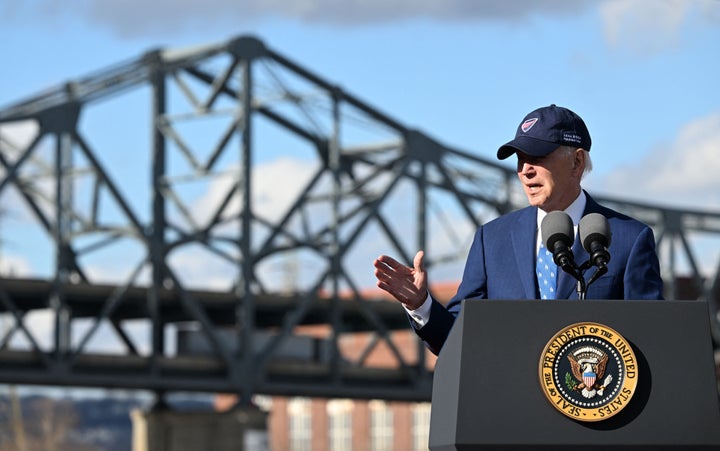 President Joe Biden speaks about the bipartisan infrastructure law in Covington, Kentucky, in front of the Brent Spence Bridge on Wednesday.