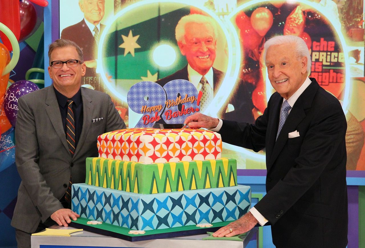 Barker appears on the set of "The Price Is Right" with new host Drew Carey in Los Angeles on Nov. 5, 2013.