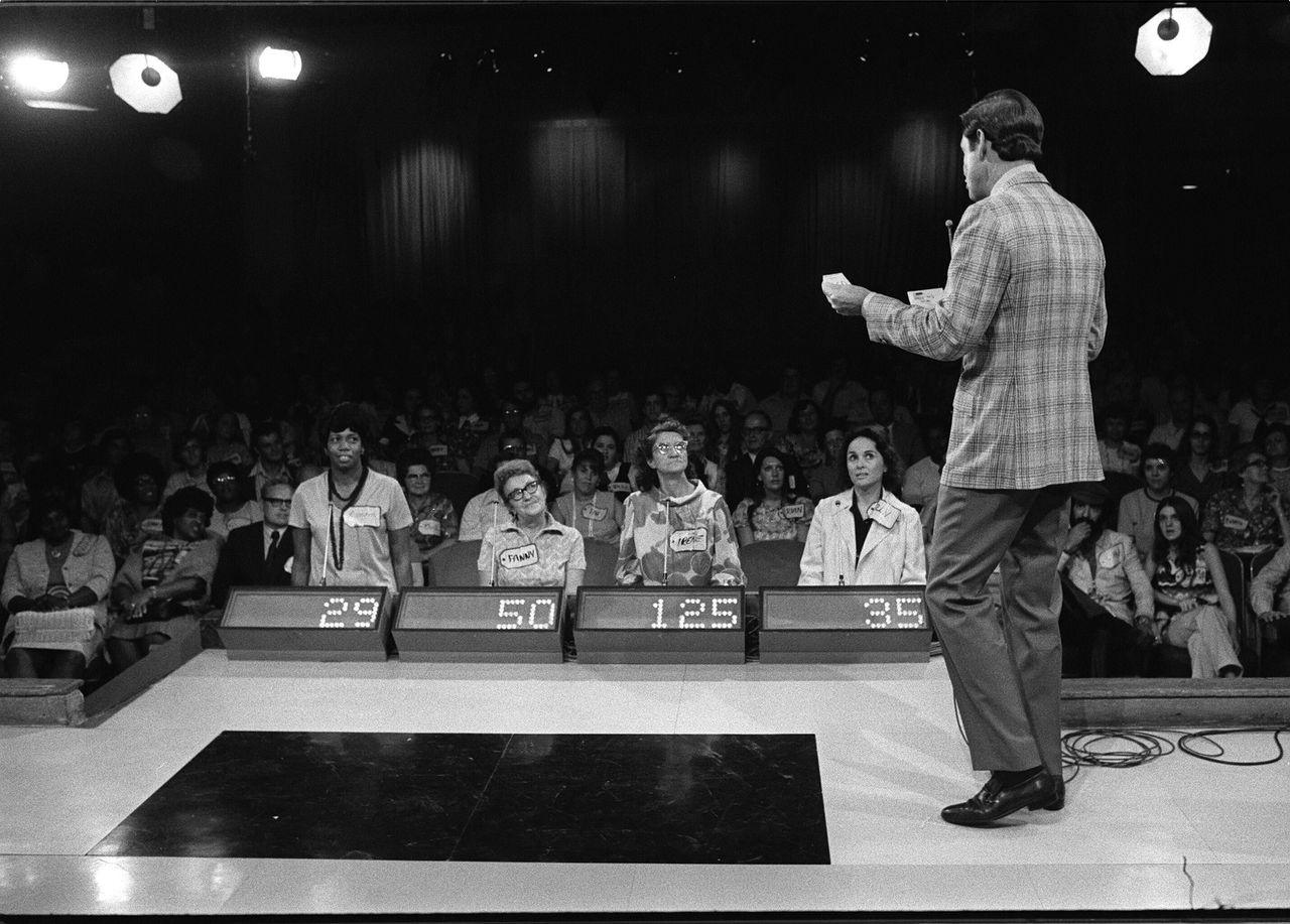 Barker with "The Price Is Right" contestants and a studio audience in the background in Los Angeles on Aug. 26, 1972.