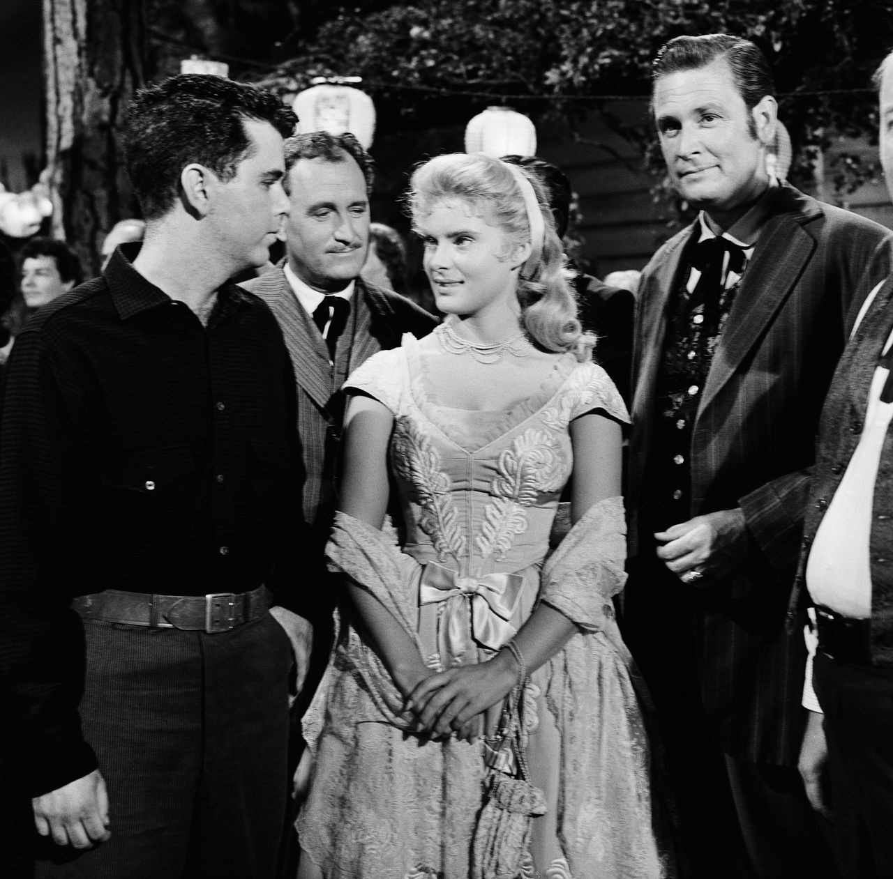 Jim Galante (left), Ken Mayer, Natalie Trundy and Barker appear on an episode of "Bonanza" on July 25, 1960.