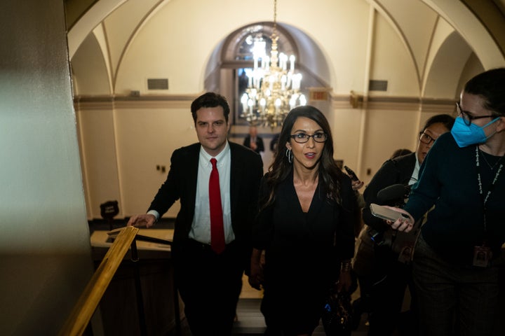 House Freedom Caucus members Matt Gaetz and Lauren Boebert depart after speaking to members of the press.