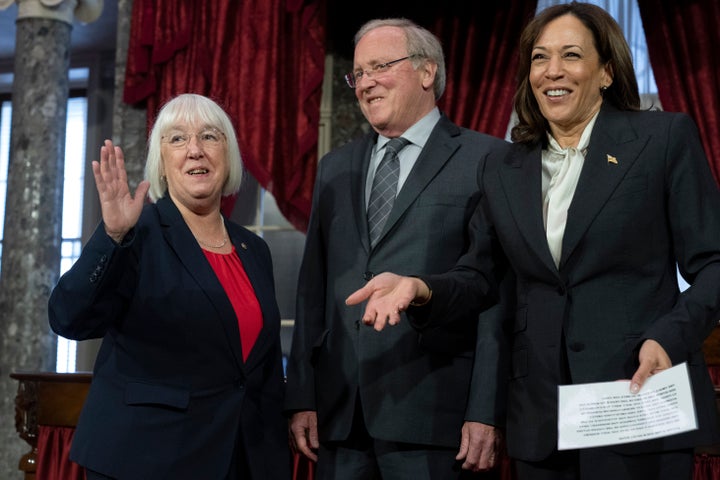 Vice President Kamala Harris leads a ceremonial swearing-in for Sen. Patty Murray (D-Wash) with her husband, Rob Murray, on Tuesday.