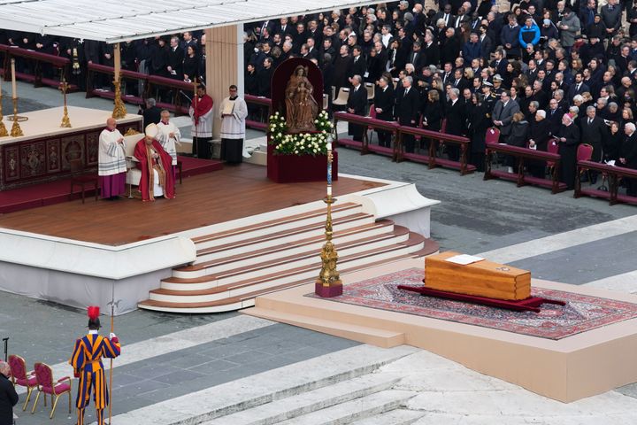Pope Francis starts a funeral mass as the coffin of late Pope Emeritus Benedict XVI is placed at St. Peter's Square at the Vatican on Thursday.