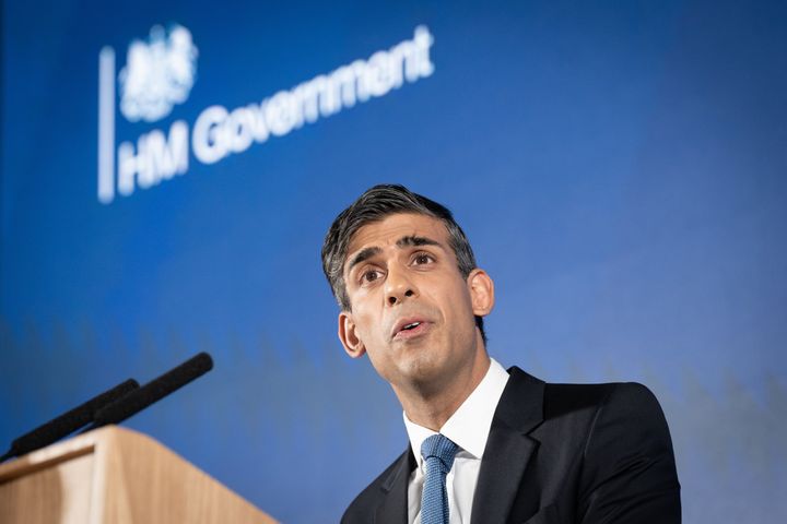 LONDON, ENGLAND, JANUARY 04: Prime Minister Rishi Sunak speaks during his first major domestic speech of the year at Plexal, Queen Elizabeth Olympic Park on January 4, 2023 in London, England. (Photo by Stefan Rousseau - WPA Pool/Getty Images)