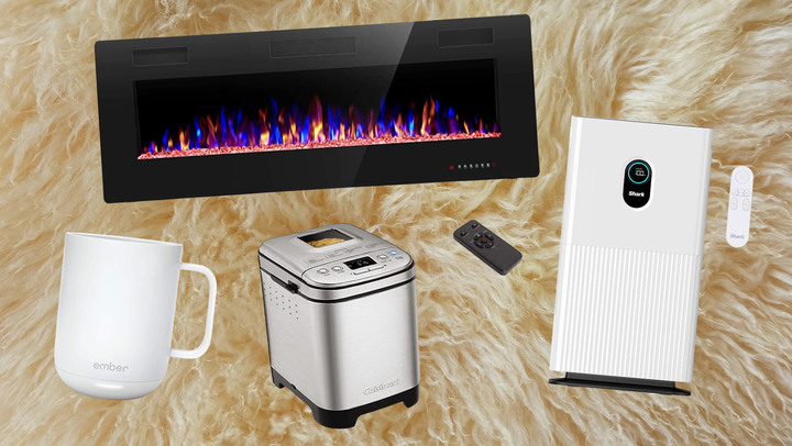 Ember self-warming mug, wall-mounted electric fireplace, Cuisinart bread machine, Shark air purifier