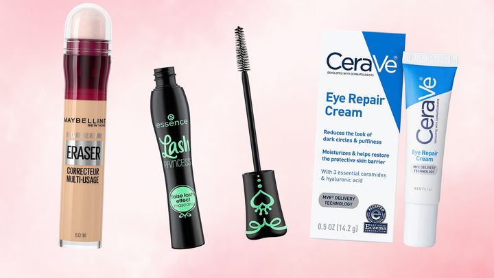 Maybelline Instant Age Rewind concealer, Essence Lash Princess mascara, CeraVe eye repair cream