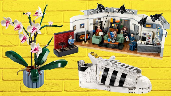 A Lego orchid, Lego "Seinfeld" set from Target and Lego Adidas sneaker from Best Buy.