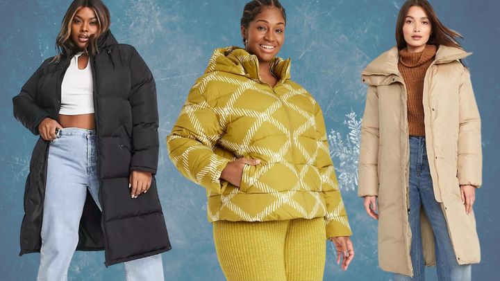 A Brave Soul plus size longline puffer jacket, Ava & Viv plus size short puffer coat and Old Navy's water-resistant duvet puffer coat