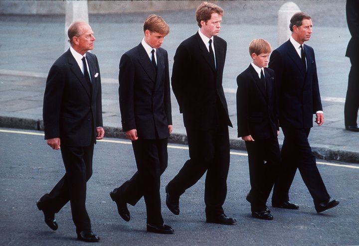 Princes Philip and William, Earl Spencer, and Princes Harry and Charles at Diana's funeral.