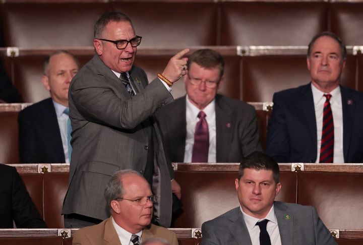 Rep. Mike Bost (R-Ill.) objects Friday to a speaker nomination speech by Rep. Matt Gaetz (R-Fla.) that Bost felt was too sharply critical of House Republican Leader Kevin McCarthy.