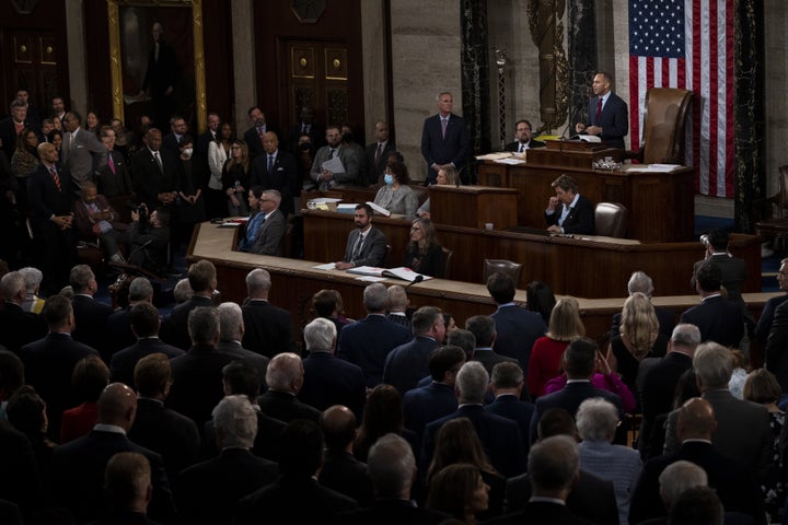 House Minority Leader Hakeem Jeffries speaks in the House early Saturday.