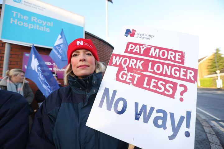 Nurse Nicola Joyce on the picket line outside the Royal Victoria Hospital in Belfast, as nurses in England, Wales and Northern Ireland take industrial action over pay