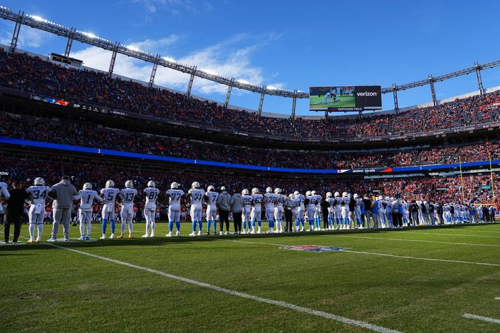 A moment of silence for Damar Hamlin prior to the game during the Denver Broncos v the Los Angeles Chargers of an NFL football game Sunday, January 8, 2023, in Denver.