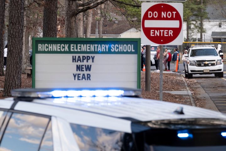Police respond to a shooting at Richneck Elementary School in Newport News, Virginia on Friday. Police say a 6-year-old student shot and wounded a teacher at the school during an altercation inside a first-grade classroom.