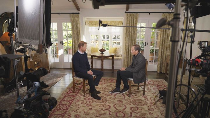Prince Harry and Tom Bradby speaking together at the former's new home in LA
