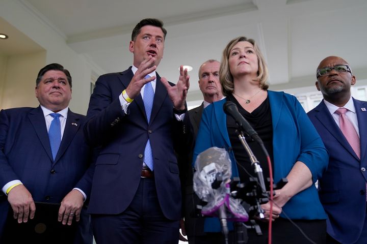 Oklahoma City Mayor David Holt, second from left, talks to reporters at the White House in July 2021 as part of a group of mayors and governors that met with President Joe Biden to discuss infrastructure.