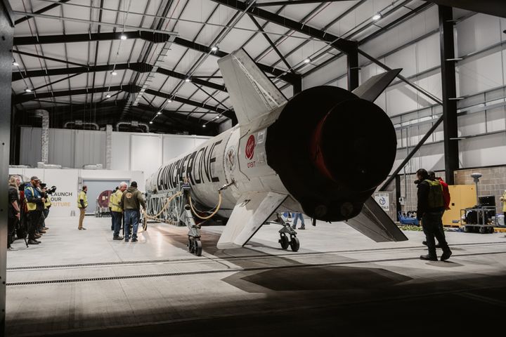 Photo issued by UK Space Agency of Virgin Orbit's LauncherOne rocket at Spaceport Cornwall, at Cornwall Airport in Newquay.