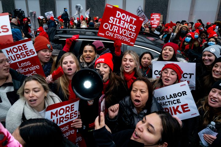 Nurses stage a strike in front of Mt. Sinai Hospital in the Manhattan borough of New York on Jan. 9, 2023, after negotiations broke down hours earlier.