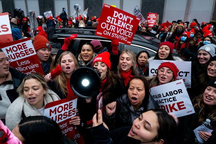 Nurses stage a strike in front of Mt. Sinai Hospital in the Manhattan borough of New York on Jan. 9, 2023, after negotiations broke down hours earlier.