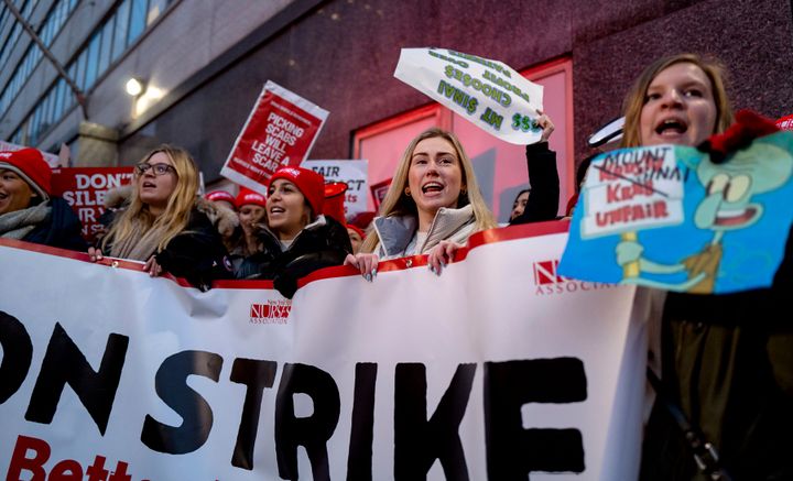 Nurses stage a strike in front of Mt. Sinai Hospital in the Manhattan borough of New York on Jan. 9, 2023, after negotiations broke down hours earlier. 