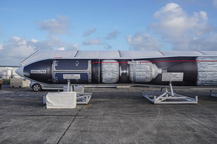 A replica model of Launcher One rocket at the temporary event centre set-up at Newquay airport for the Virgin Orbit launch on January 09, 2023