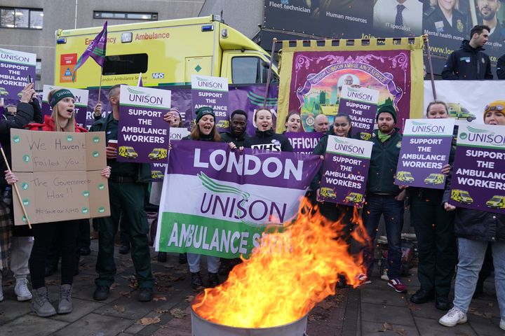 Ambulance workers on the picket line outside Waterloo ambulance station in London last month