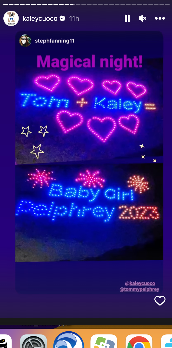 The drone formation spelled out "Tom + Kaley = Baby Girl Pelphrey 2023."