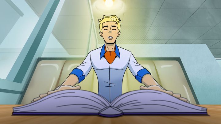 Fred (voiced by Glenn Howerton) attempts to read a book in a scene from 