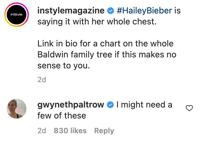 Gwyneth Paltrow’s response to Hailey Bieber’s “nepo baby” shirt.
