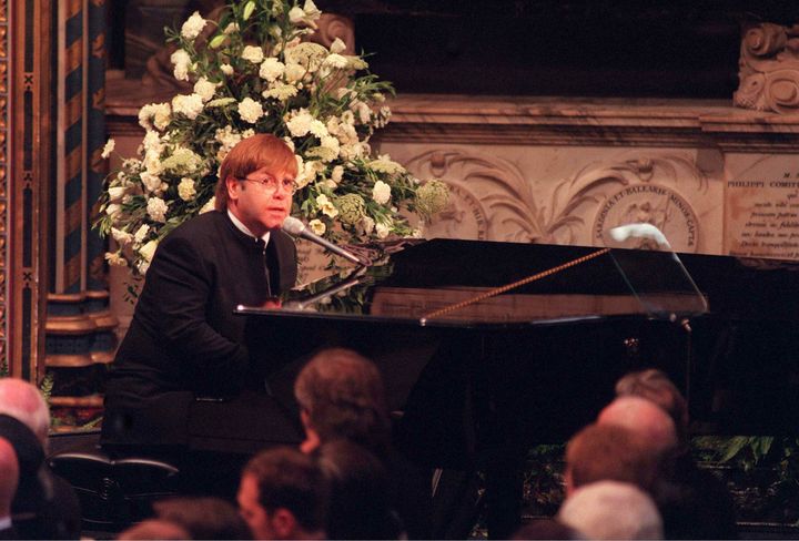 Sir Elton John performing at Princess Diana's funeral in 1997