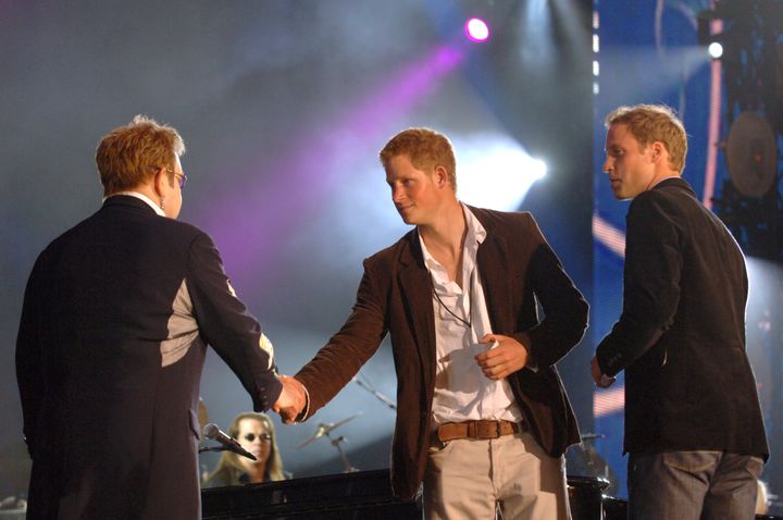 Sir Elton on stage with Princes William and Harry in 2007