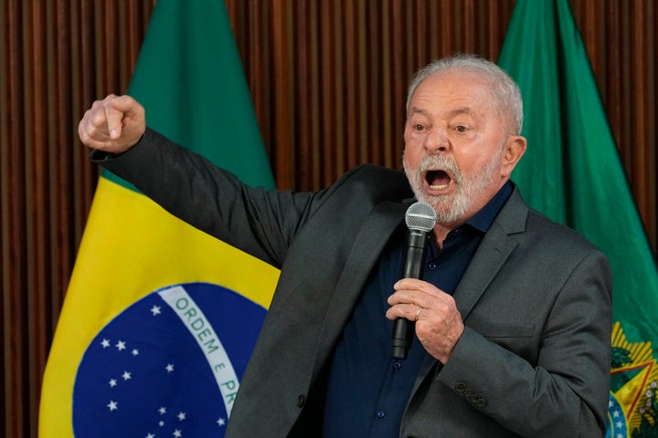 Brazil's President Luiz Inacio Lula da Silva speaks during a meeting with governors and leaders of the Supreme Court and the National Congress, in defense of democracy and against non-democratic acts, a day after Congress was stormed by supporters of former Brazilian President Jair Bolsonaro in Brasilia, Brazil, on Jan. 9, 2023. The protesters also stormed the presidencial office and the Supreme Court. 