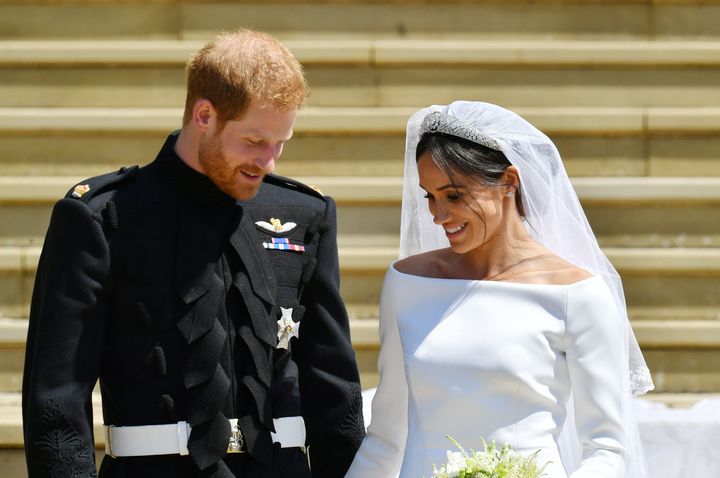 Prince Harry and Meghan Markle on the steps of St George's Chapel in Windsor Castle after their wedding