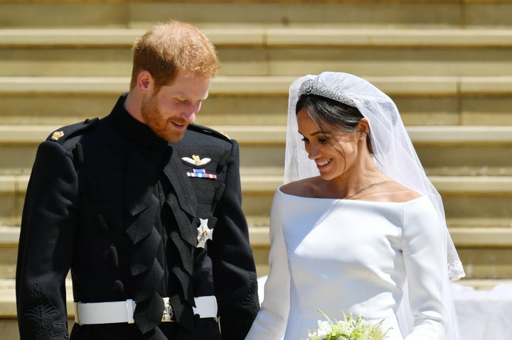 Prince Harry and Meghan Markle on the steps of St George's Chapel in Windsor Castle after their wedding