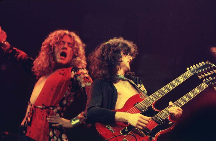 Robert Plant and Jimmy Page of Led Zeppelin at the Chicago Stadium in Chicago.