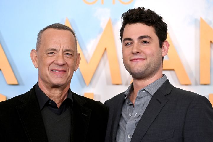 Tom and Truman Hanks at a press event for their film A Man Called Otto