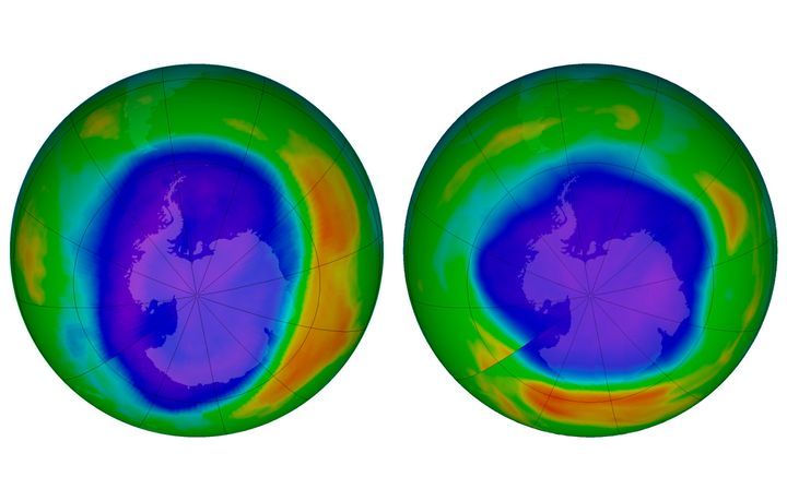 This combination of images made available by NASA shows areas of low ozone above Antarctica on September 2000, left, and September 2018. The purple and blue colours are where there is the least ozone, and the yellows and reds are where there is more ozone.