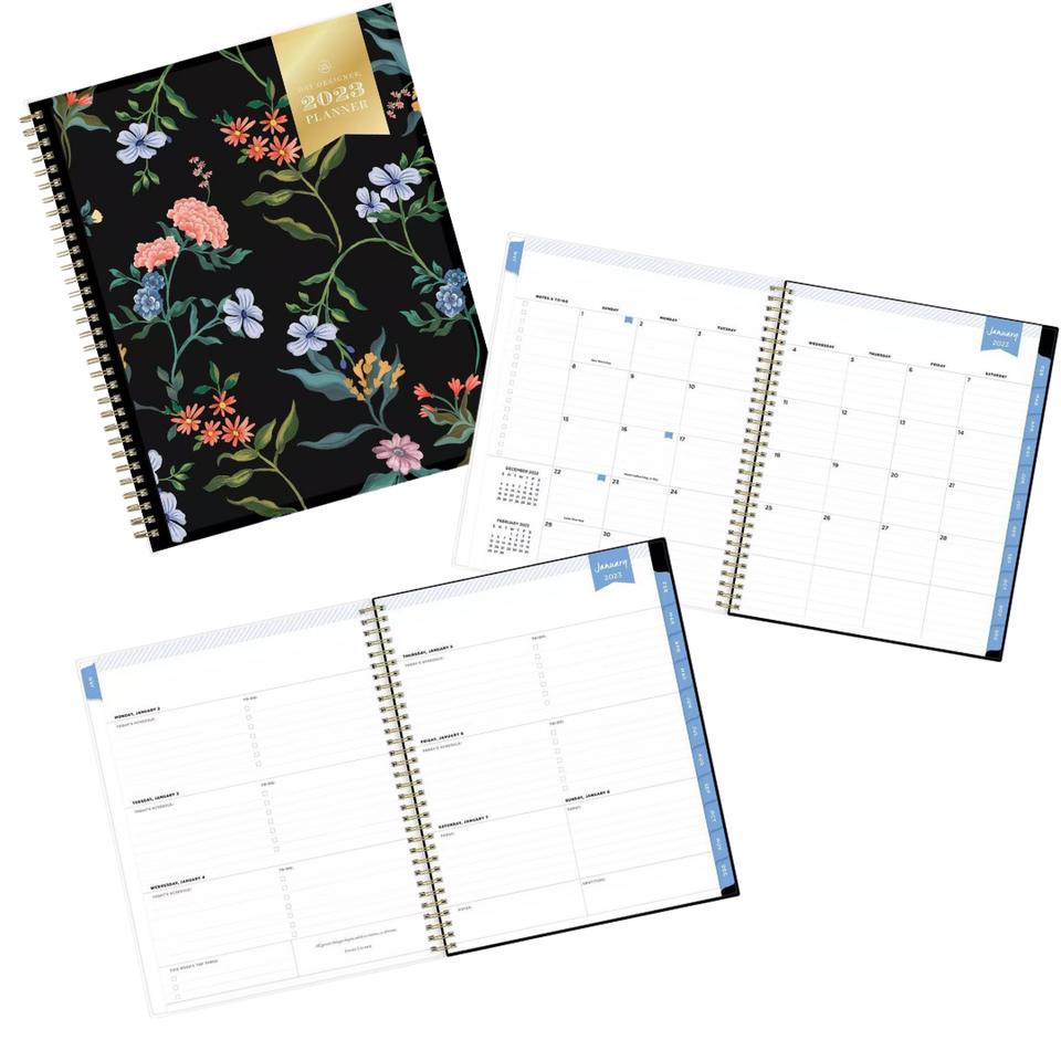 A floral spiral-bound planner