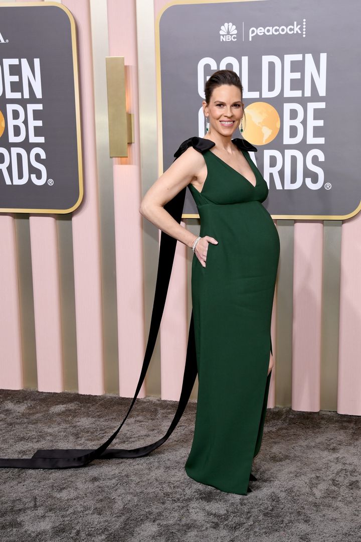 Hilary Swank wore a green gown to the 80th Annual Golden Globe Awards on Jan. 10, 2023, in Beverly Hills, California.