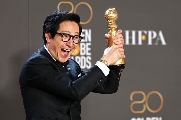 Ke Huy Quan backstage at the Golden Globe Awards after his win Tuesday for Best Supporting Actor in a Motion Picture for his role in "Everything Everywhere All at Once."
