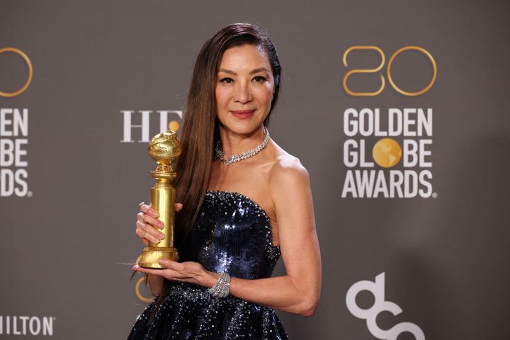 Michelle Yeoh backstage at the Golden Globes following her win