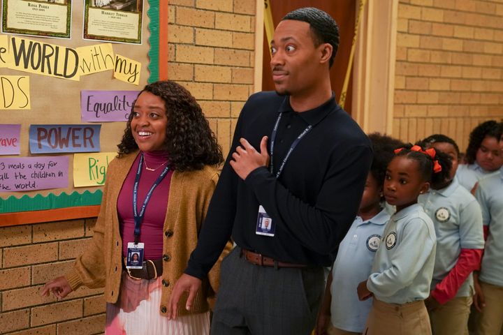Janine (Quinta Brunson) and Gregory (Tyler James Williams) in a scene from ABC's "Abbott Elementary."