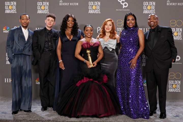 Tyler James Williams, Chris Perfetti, Janelle James, Quinta Brunson, Lisa Ann Walter, Sheryl Lee Ralph, and William Stanford Davis, winners of Best Musical/Comedy Series for "Abbott Elementary", pose during the 80th Annual Golden Globe Awards at The Beverly Hilton on Jan. 10.
