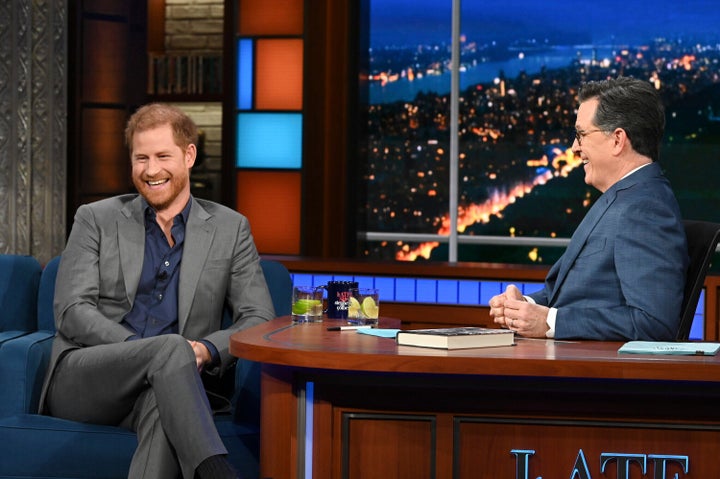 Harry with host Stephen Colbert during a taping of "The Late Show with Stephen Colbert".