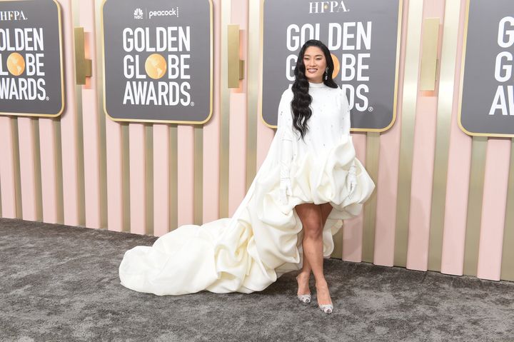 Chloe Flower shows off her gown at the 80th Annual Golden Globe Awards on Jan. 10, 2023, in Beverly Hills, California. 