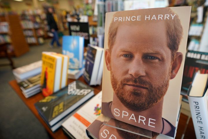 Copies of the new book by Prince Harry called "Spare" are displayed at Sherman's book store in Freeport, Maine, on Jan. 10, 2023. Prince Harry's memoir provides a varied portrait of the Duke of Sussex and the royal family. 