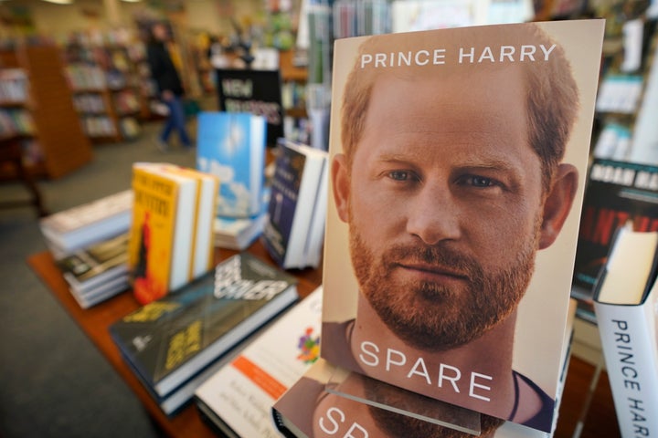 Copies of the new book by Prince Harry called "Spare" are displayed at Sherman's book store in Freeport, Maine, on Jan. 10, 2023. Prince Harry's memoir provides a varied portrait of the Duke of Sussex and the royal family. 